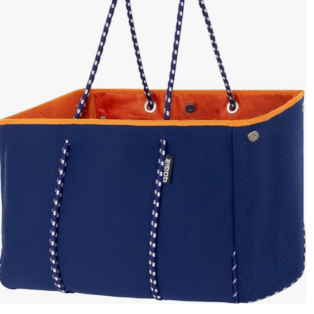 Neoprene Multipurpose Navy Blue Orange Beach Bag Tote with Inner Zipper Pocket